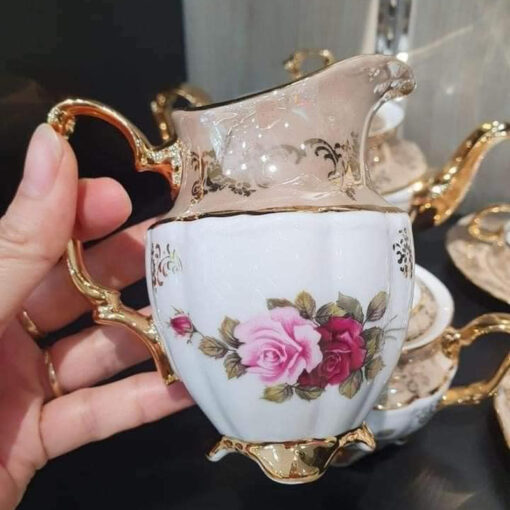 Bộ trà sứ mạ vàng men ngọc trai họa tiết hoa hồng Tiệp Khắc