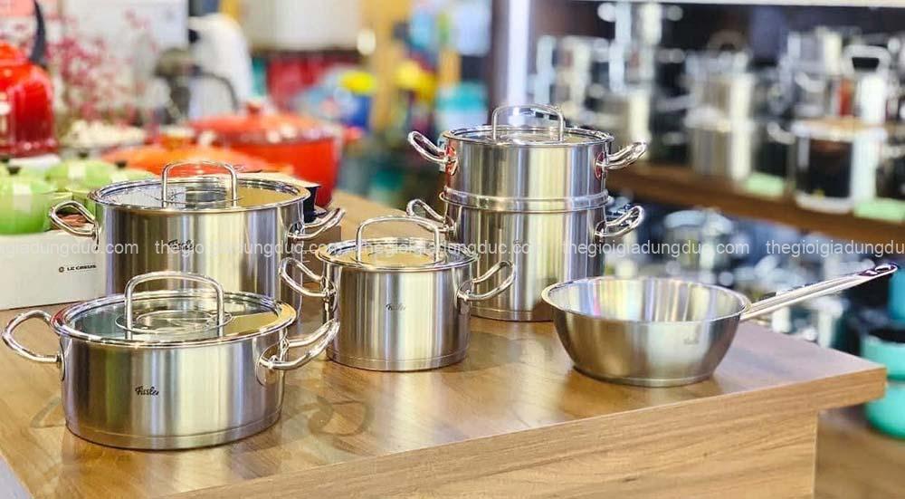Bộ nồi Fissler Profi set 6 món vung kính (4 nồi, 1 chảo sâu lòng, 1 xửng hấp)
