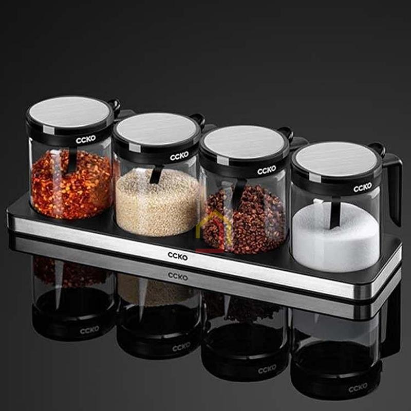 set-4-hu-dung-gia-vi-thuy-tinh-ccko-co-tay-cam-kem-khay Set 4 hũ đựng gia vị thủy tinh CCKO có tay cầm kèm khay
