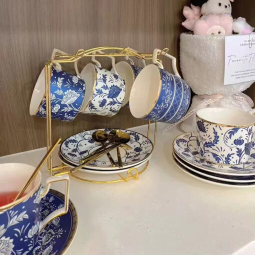 Bộ 2 tách trà chiều cao cấp UK Tempi kèm thìa vàng sang trọng (gồm 2 tách, 2 dĩa, 2 thìa)