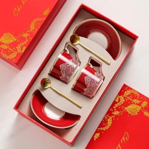 Bộ 2 tách trà chiều cao cấp UK Tempi kèm thìa vàng sang trọng (gồm 2 tách, 2 dĩa, 2 thìa)