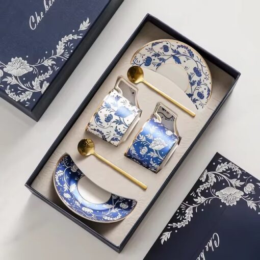 Bộ 2 tách trà chiều cao cấp UK Tempi kèm thìa vàng sang trọng (gồm 2 tách, 2 dĩa, 2 thìa)