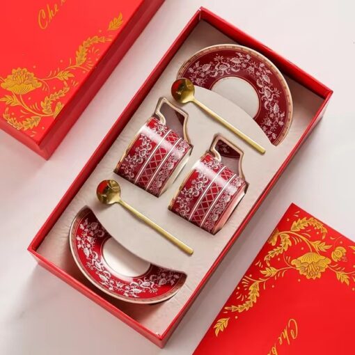 Bộ 2 tách trà chiều cao cấp UK Tempi kèm thìa vàng sang trọng (gồm 2 tách, 2 dĩa, 2 thìa)