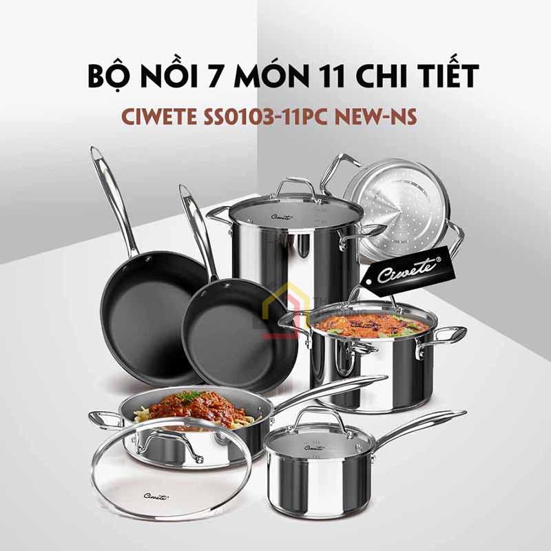 Bộ nồi inox cao cấp Ciwete 7 món (2 chảo chống dính)
