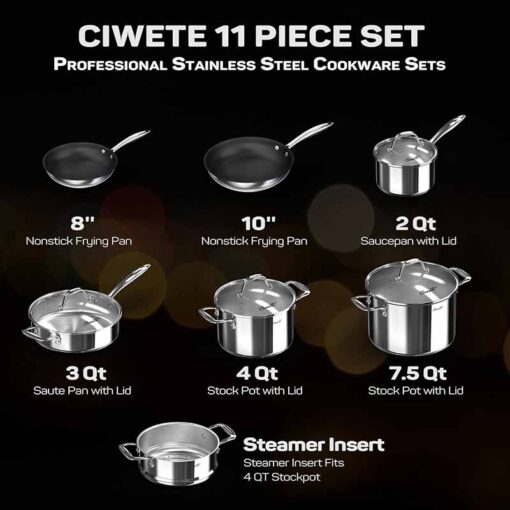 Bộ nồi inox cao cấp Ciwete 7 món (2 chảo chống dính)