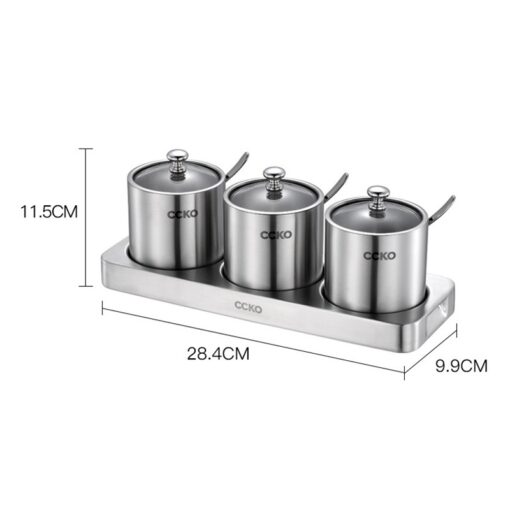 Set 3 hũ đựng gia vị inox 304 CCKO nắp thủy tinh kèm khay