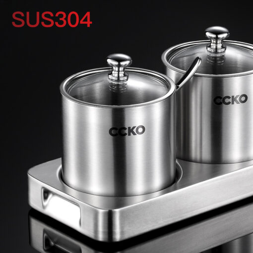 Set 3 hũ đựng gia vị inox 304 CCKO nắp thủy tinh kèm khay