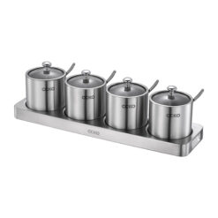 Set 4 hũ đựng gia vị inox 304 CCKO nắp thủy tinh kèm khay