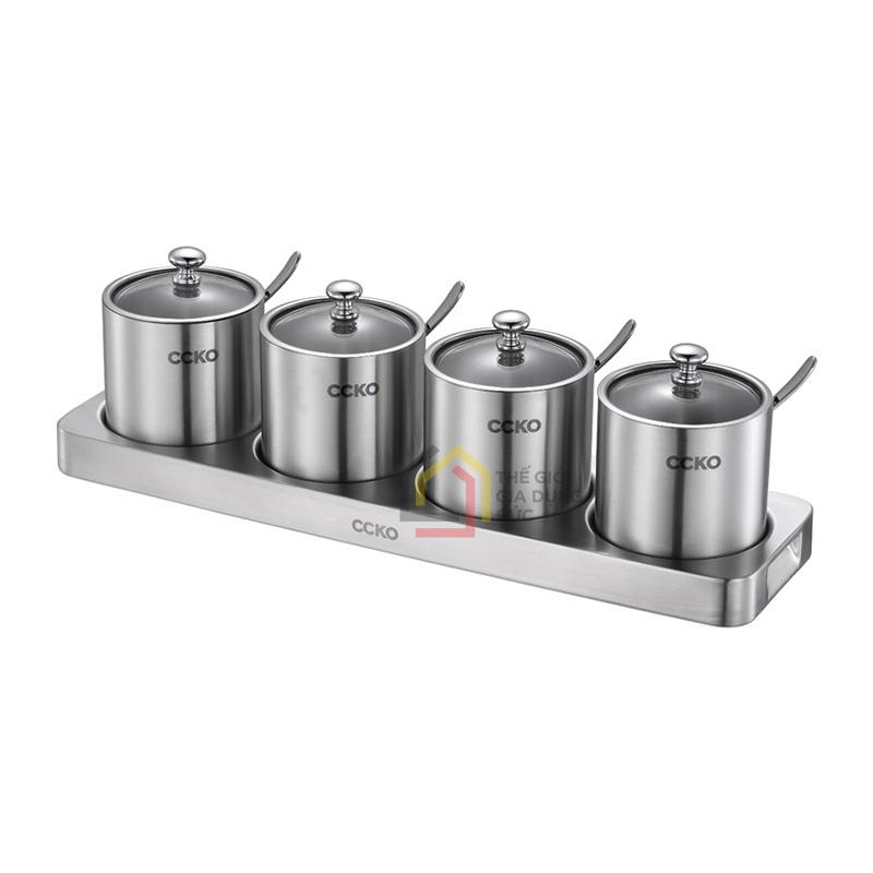set-4-hu-dung-gia-vi-inox-304-ccko-nap-thuy-tinh-kem-khay Set 4 hũ đựng gia vị inox 304 CCKO nắp thủy tinh kèm khay
