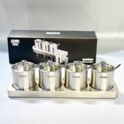 Set 4 hũ đựng gia vị inox 304 CCKO nắp thủy tinh kèm khay