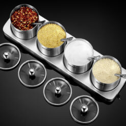 Set 4 hũ đựng gia vị inox 304 CCKO nắp thủy tinh kèm khay