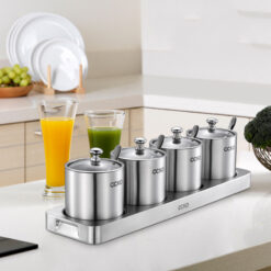 Set 4 hũ đựng gia vị inox 304 CCKO nắp thủy tinh kèm khay