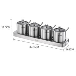 Set 4 hũ đựng gia vị inox 304 CCKO nắp thủy tinh kèm khay