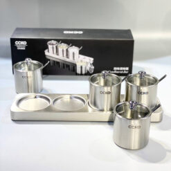 Set 4 hũ đựng gia vị inox 304 CCKO nắp thủy tinh kèm khay