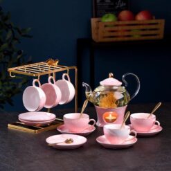 Bộ ấm chén sứ cao cấp màu hồng Pastel phong cách hoàng gia