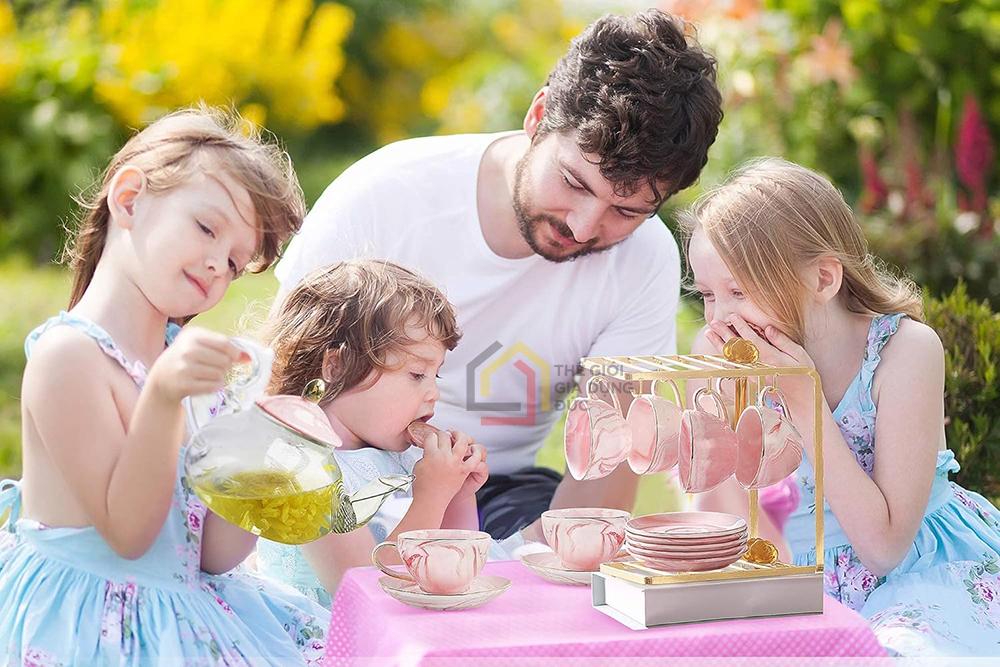 Bộ ấm chén sứ cao cấp màu hồng Pastel phong cách hoàng gia