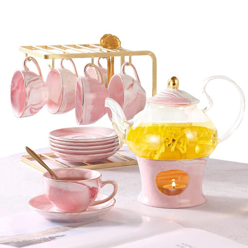 Bộ ấm chén sứ cao cấp màu hồng Pastel phong cách hoàng gia