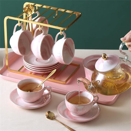 Bộ ấm chén sứ cao cấp màu hồng Pastel phong cách hoàng gia