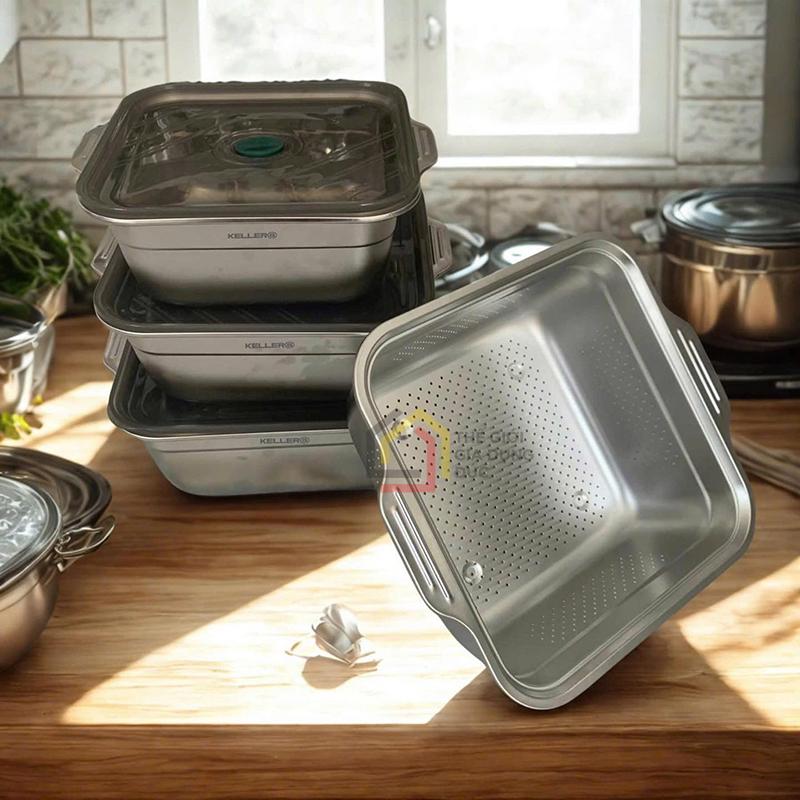 set-3-hop-hut-chan-khong-kem-ro-vuong-keller1 Set 3 hộp hút chân không kèm rổ vuông Keller