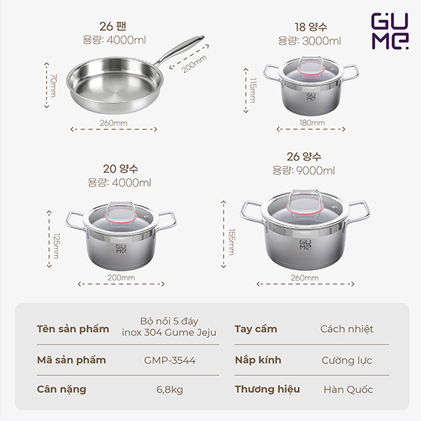 Bộ nồi inox 304 Jeju GUME GMP-3544
