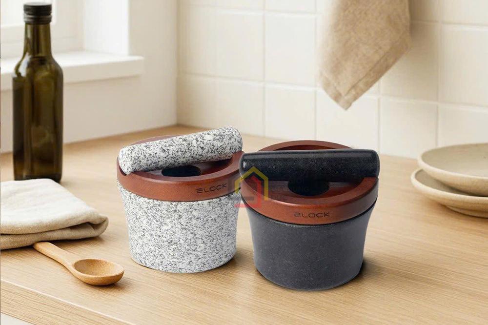 Set chày cối đá tự nhiên 2Lock kèm nắp gỗ dẻ gai