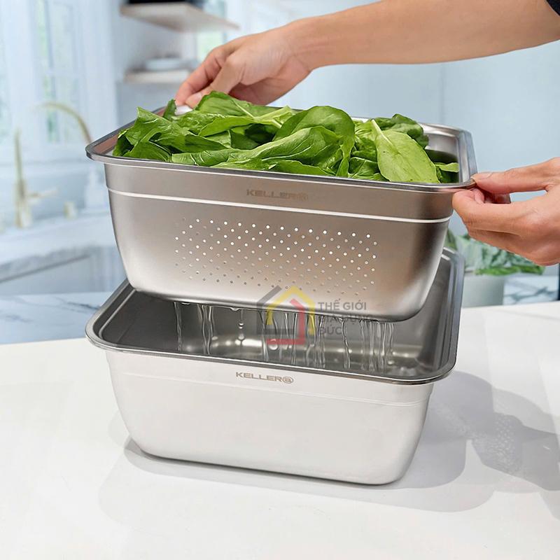 set-ro-chau-inox-keller-32cm (2) Set rổ chậu inox Keller@ 32cm (1 chậu + 1 rổ vuông)