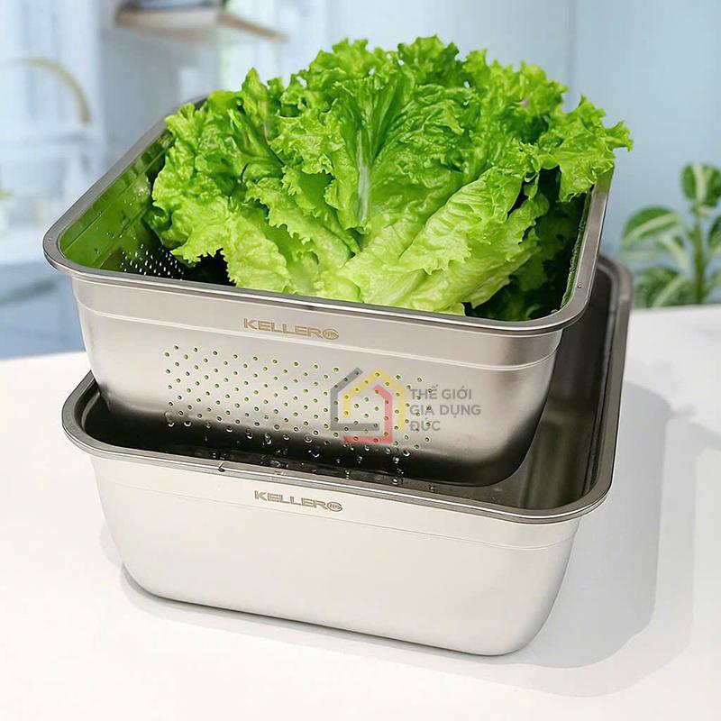 set-ro-chau-inox-keller-32cm (3) Set rổ chậu inox Keller@ 32cm (1 chậu + 1 rổ vuông)