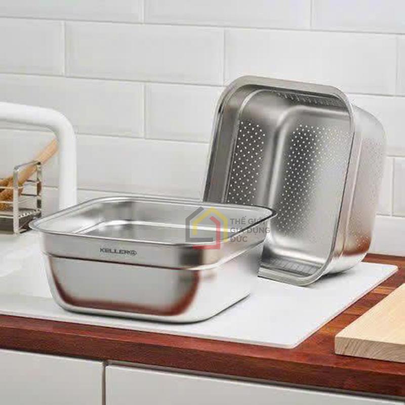 set-ro-chau-inox-keller-32cm (5) Set rổ chậu inox Keller@ 32cm (1 chậu + 1 rổ vuông)
