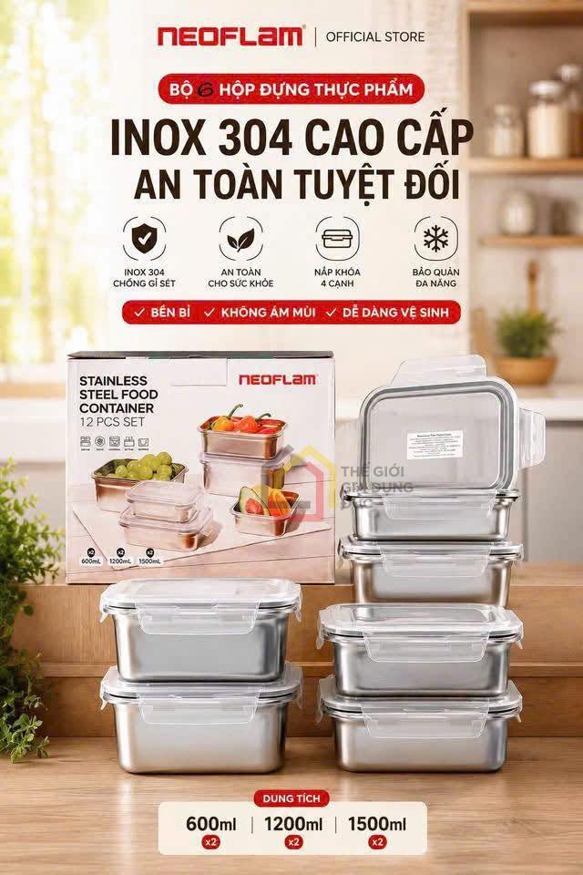 Bộ 6 hộp inox đựng thực phẩm Hàn Quốc Neoflam