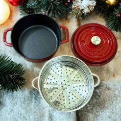 Nồi gang đỏ 27cm Happiness - tặng kèm xửng hấp chính hãng