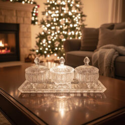 Set 3 thố pha lê mài cao 15cm và đĩa chữ nhật dài 40cm