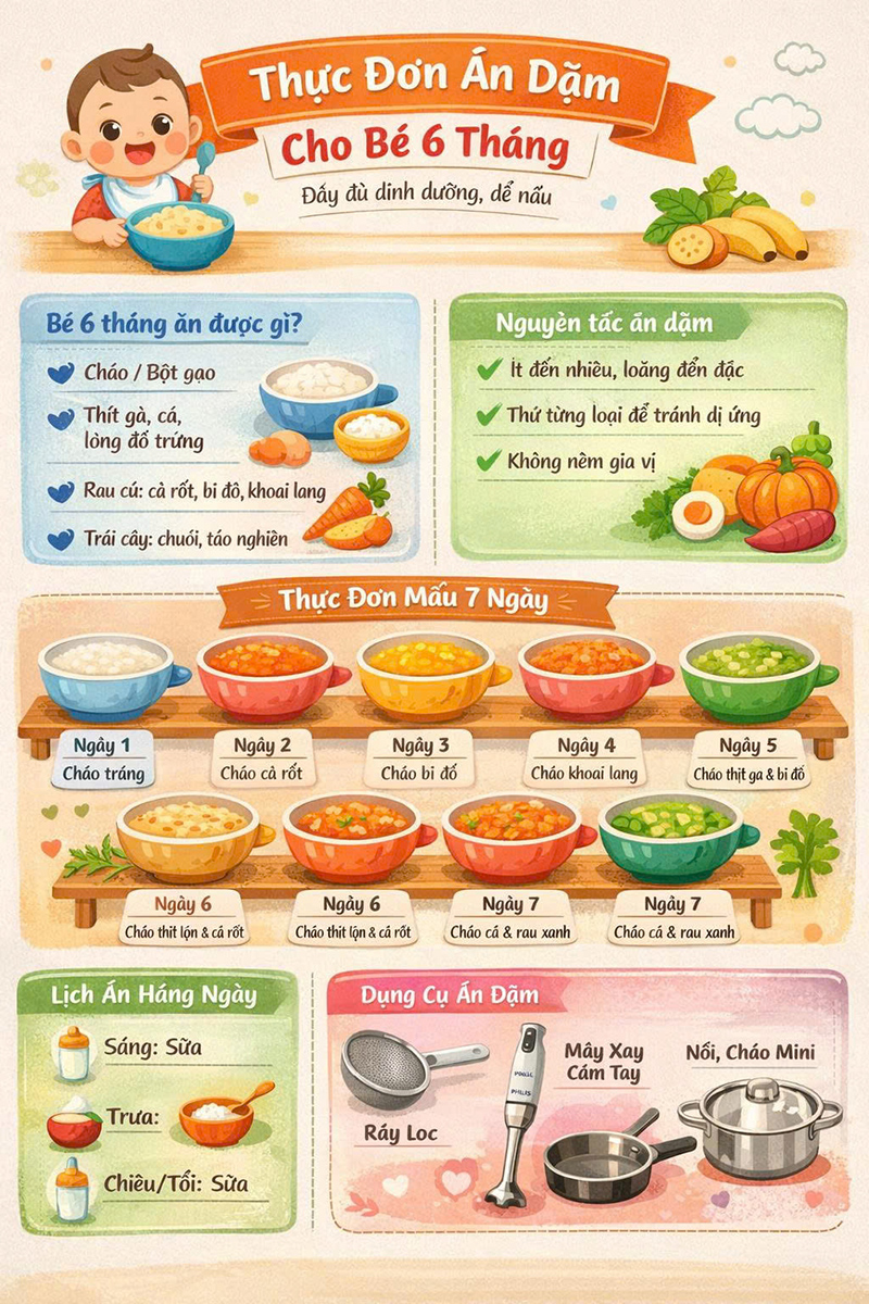 Thực đơn ăn dặm cho bé 6 tháng đầy đủ dinh dưỡng, dễ nấu