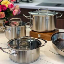 Bộ nồi Fissler Profi 6 món vung kính (4 nồi, 1 quánh, 1 chảo 2 quai 24/28cm)
