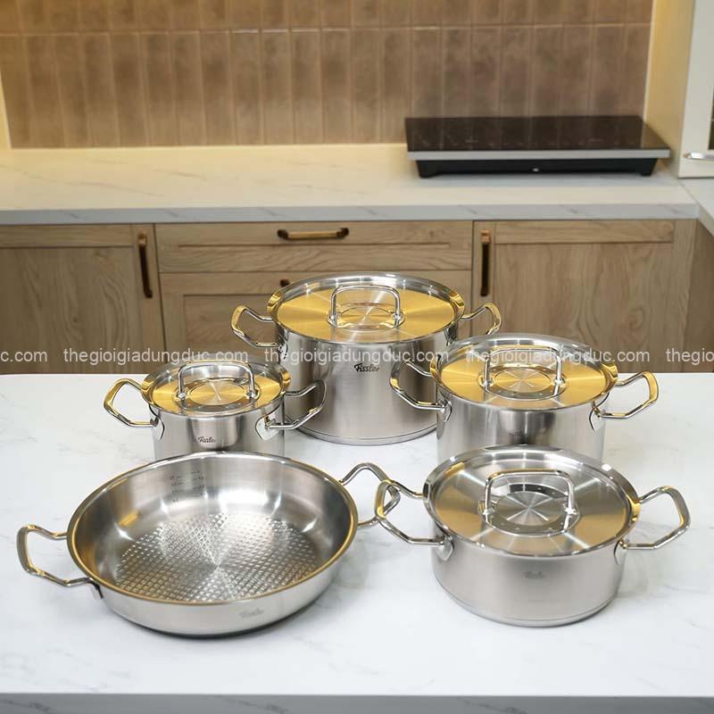 Bộ nồi Fissler Profi 5 món vung thép (4 nồi, 1 chảo 2 quai 24cm/28cm)