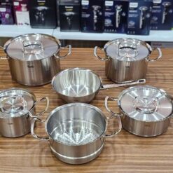 Bộ nồi Fissler Profi set 6 món vung inox (4 nồi, 1 xửng hấp, 1 chảo sâu lòng)