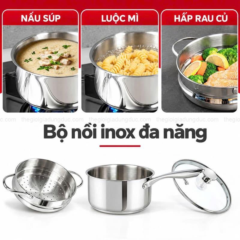 Quánh inox Michelangelo 20cm kèm nắp kính và xửng hấp