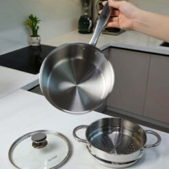 Quánh inox Michelangelo 20cm kèm nắp kính và xửng hấp