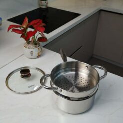 Quánh inox Michelangelo 20cm kèm nắp kính và xửng hấp