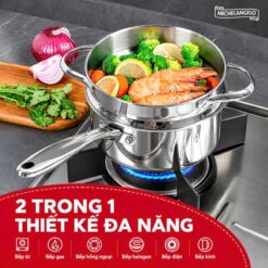 Quánh inox Michelangelo 20cm kèm nắp kính và xửng hấp