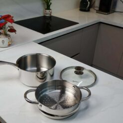 Quánh inox Michelangelo 20cm kèm nắp kính và xửng hấp